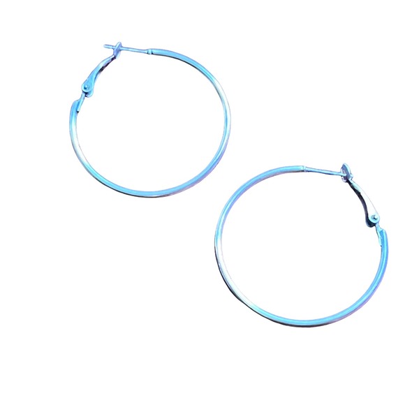 Silver Tone Hoop Earrings with Self Closure Clasp - Picture 3 of 4